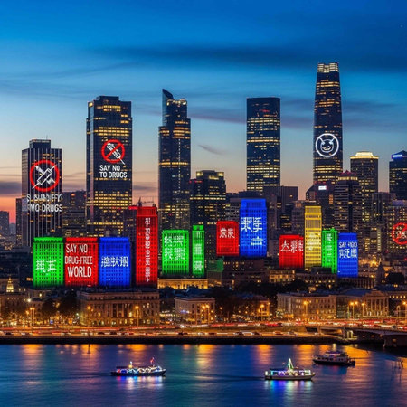A vibrant cityscape at dusk with illuminated skyscrapers and a river in the foreground promoting a...