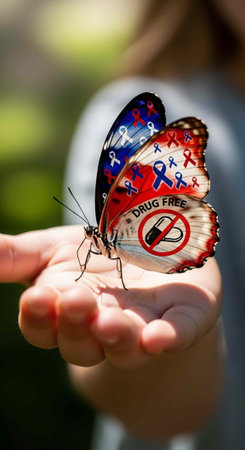 A butterfly with a drug-free message perches on a person's hand in a natural outdoor setting.の写真素材