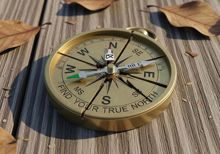 A brass compass lies on a wooden surface surrounded by dry leaves, symbolizing navigation and...