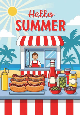 Hello summer poster with hot dog on the beach vector illustration graphic design