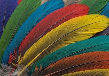 Colorful feathers on a wooden background. Close-up photo.
