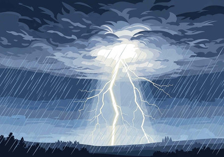 Thunderstorm in the night sky with rain and lightning. Vector illustration.