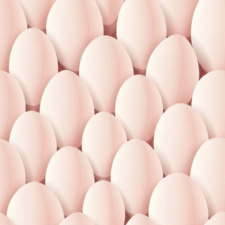 Numerous pale pink eggs are densely packed in a grid-like pattern, showcasing their smooth surfaces