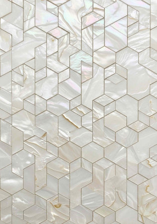 A close-up of a hexagonal mosaic tile pattern made from iridescent mother of pearl with shimmering...