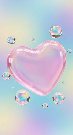 Pink heart-shaped object with iridescent bubbles floating around it on a colorful pastel background