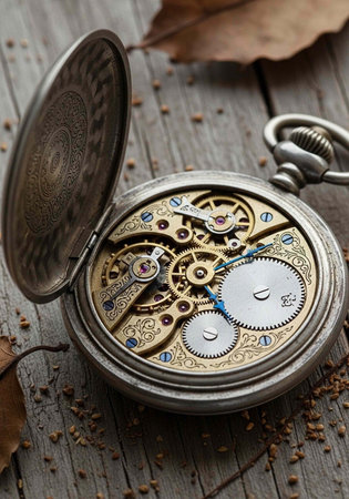 Vintage pocket watch with exposed golden gears and silver casing on weathered wood