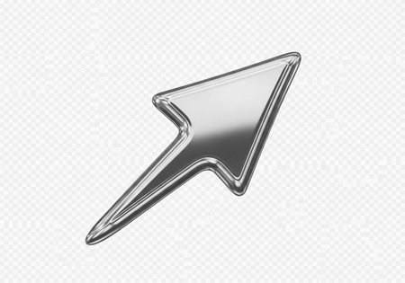 Metallic lightning bolt with smooth reflective surface and pointed tip on white transparent...