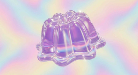 Purple gelatin mold on colorful pastel background with shiny highlights and reflections