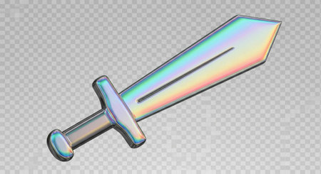 A holographic sword with a rainbow-colored, shiny surface and a transparent backgroundの写真素材