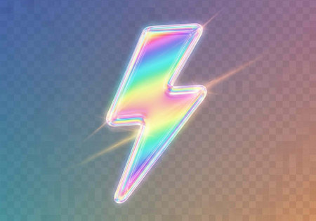 Iridescent lightning bolt with white outline and sparkles on colorful gradient background