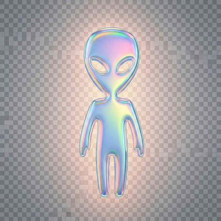 Shiny, holographic alien with rainbow colors and glow on checkered transparent background