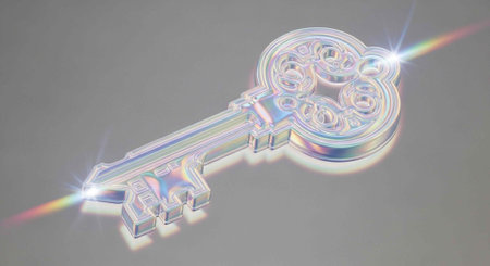 A silver key with a shiny surface and rainbow reflections on a gray background