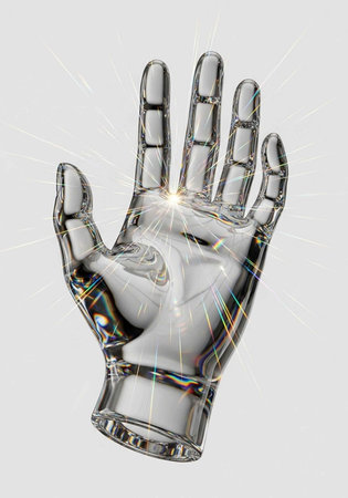 A metallic robotic hand with a shiny surface and light effects on a gray background