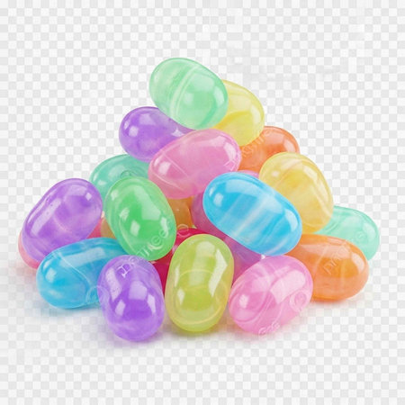 A heap of translucent plastic Easter eggs in multiple vibrant colors against a transparent...