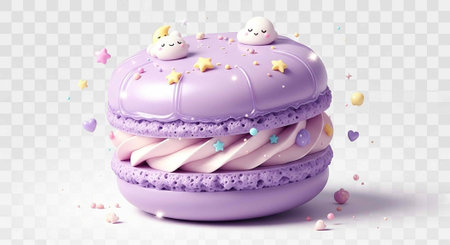 Purple macaron with pink filling, topped with smiling marshmallows and colorful sprinkles