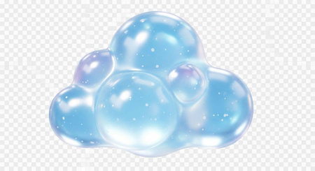 Light blue bubbles with shiny surfaces and white highlights on a transparent background