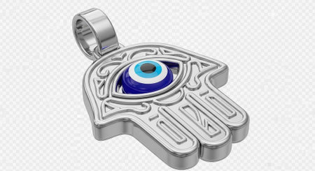 Silver hamsa hand pendant with blue evil eye charm and intricate design