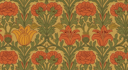 A vibrant floral wallpaper pattern featuring orange flowers and green leaves on a yellow background