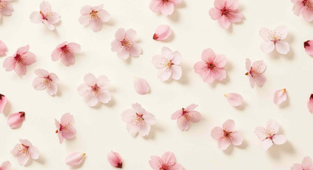 A delicate arrangement of pink cherry blossoms on a soft white background with scattered petals