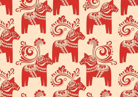 A vibrant pattern of red and white horses on a cream background with intricate designs and swirls