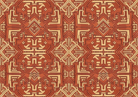 A vibrant and intricate geometric pattern featuring interconnected shapes and lines in warm orange...