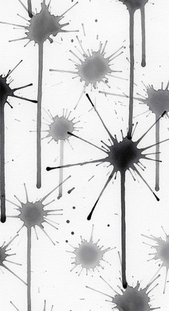 A black and white abstract art piece featuring splatters and drips of paint on a clean white...