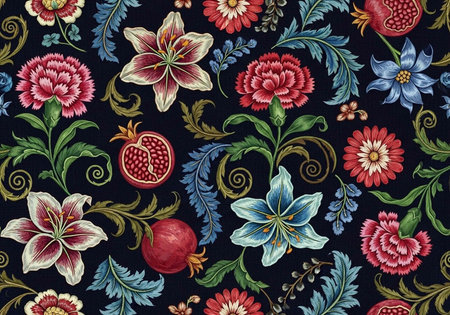 A vibrant floral pattern featuring colorful flowers and pomegranates on a dark backgroundの写真素材
