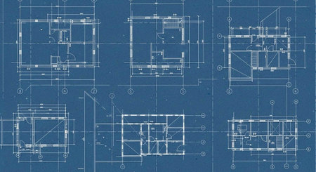 A detailed architectural blueprint of a modern building with multiple floor plans and technical...