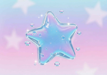 Shiny blue star with water drops on pink, purple, and blue gradient background with sparkles