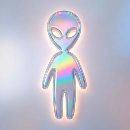 Shiny, holographic alien with glowing eyes and multicolor sheen on body, standing against gray...