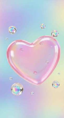 Pink heart with bubbles on pastel gradient background