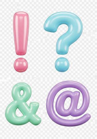 Vibrant 3D exclamation, question, ampersand, and at symbols in pink, blue, green, and purple hues
