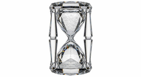 Crystal hourglass with sand, clear glass, reflective surfaces, and intricate details on a white...