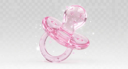 A pink pacifier with star pattern and transparent material on a white background