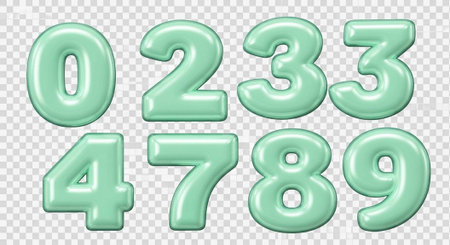 A set of mint green 3D numbers with shiny effect on a transparent background