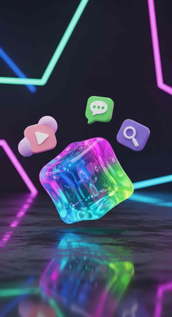 A rainbow-colored 3D cube and social media icons hover above a dark reflective surface with neon linesの写真素材