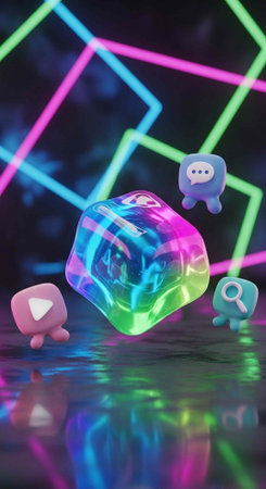 Futuristic digital scene with 3D icons, neon lines, and glowing reflections in a dark background.