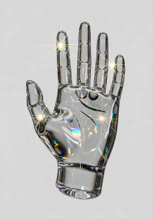 A shiny crystal glass hand with sparkling light effects and rainbow reflections on a gray background