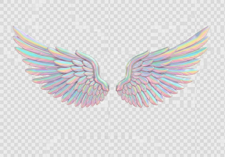 Colorful, holographic angel wings with feathers in pink, blue, yellow, and purple hues