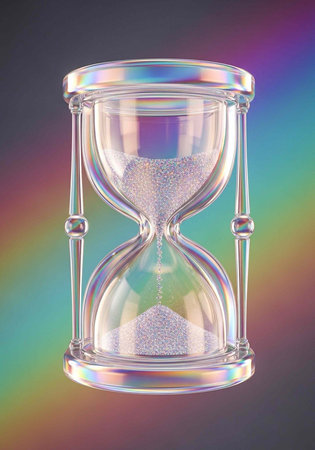 Glass hourglass with sand flowing from top to bottom on multicolored background