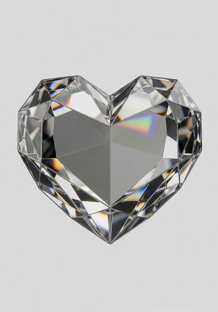 A large, clear heart-shaped diamond with multiple facets and rainbow reflections on a light gray...