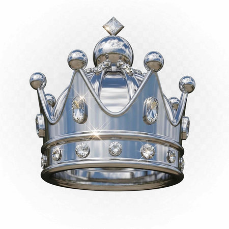 A shiny silver crown with diamonds and a central jewel, set against a clean white backdrop