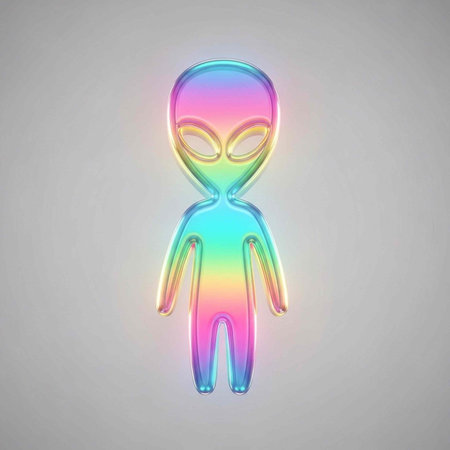 Vibrant rainbow-colored alien figure with glowing effect against a plain grey backgroundの写真素材