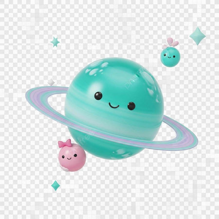 Teal planet with purple ring and smiling face, accompanied by smaller pink and teal planets with bowsの写真素材