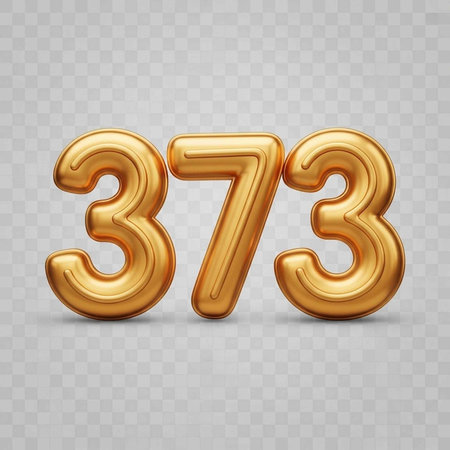 Large golden number 373 with shiny surface on grey transparent background