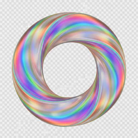 Colorful, shiny ring with rainbow hues and smooth texture on checkered transparent background