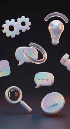 Various 3D icons including gears, lightbulb, speech bubbles, and magnifying glass on dark surfaceの写真素材
