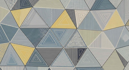 A colorful geometric pattern of triangles in various shades of blue, yellow, and gray.