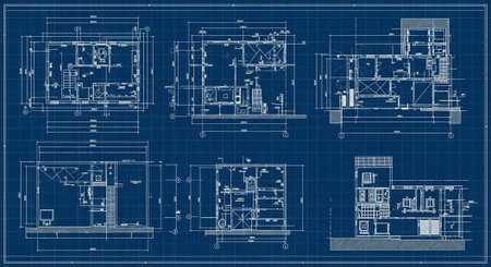 A detailed architectural blueprint of a modern building with multiple floor plans and technical...