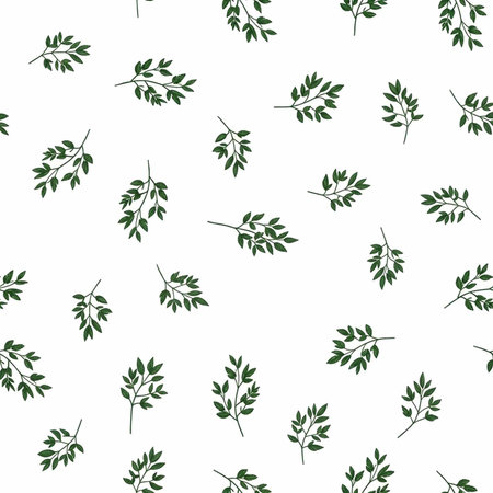 A seamless pattern of small green leaves on a white background for design and decoration purposesの写真素材